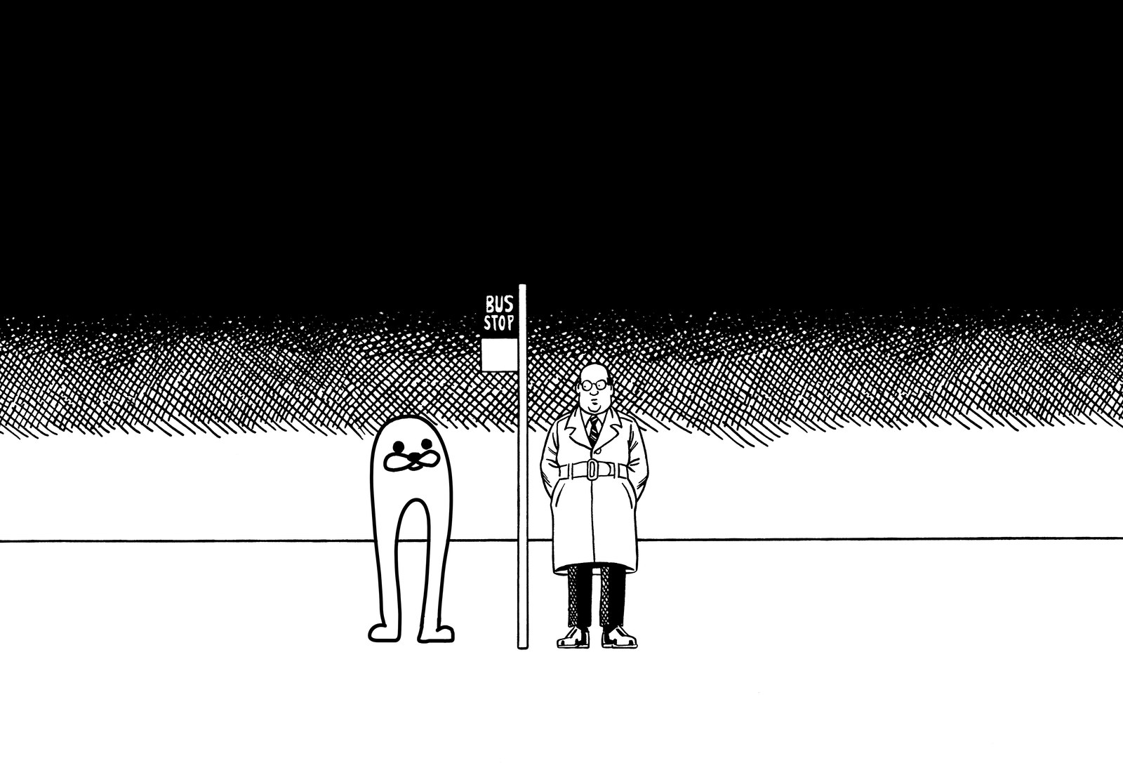 A black-and-white illustration of a man in a coat and a blank-faced figure waiting at a bus stop under a stark dark sky.