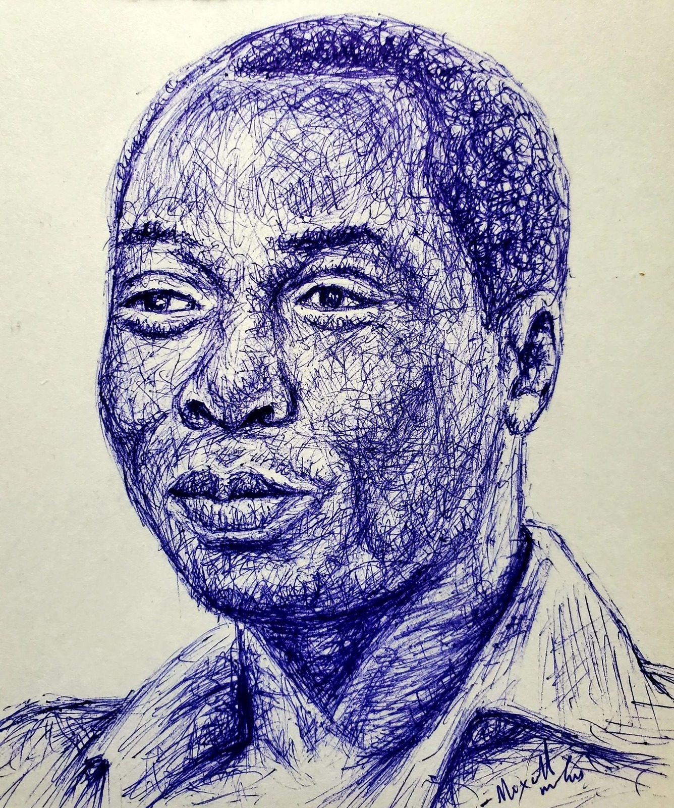 A blue ballpoint pen portrait of a smiling man drawn in dense looping lines on cream paper.